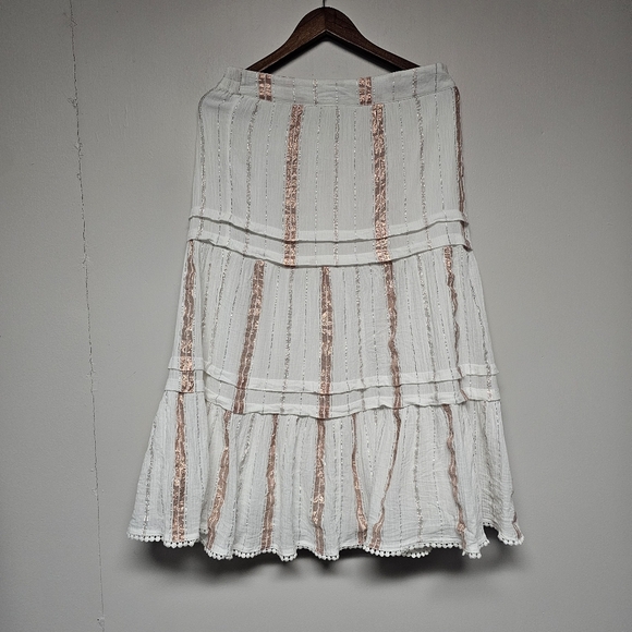 Versona White Rose Gold Stripe Tiered Flowy Boho Fringe Midi Skirt Summer - Picture 8 of 8